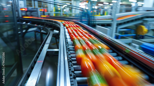A conveyor belt with products moving at high speed, showcasing efficient production