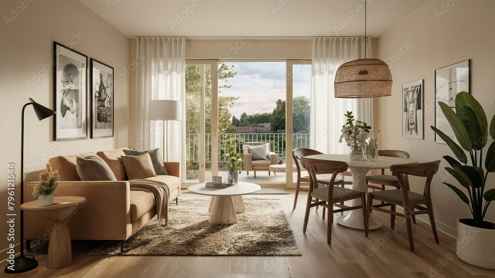 Living room with a large window a couch with pillows and a coffee table, luxury interior design, 3D Render, High Quality Photography Living room with a large window a couch with pillows and a coffee table, luxury interior design, 3D Render, High Quality Photography