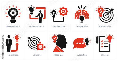 A set of 10 idea icons as idea generation, idea presentation, idea execution