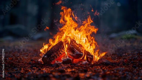 Closeup of a blazing campfire with flames against a black background. Concept Campfire, Flames, Closeup, Cozy, Nighttime