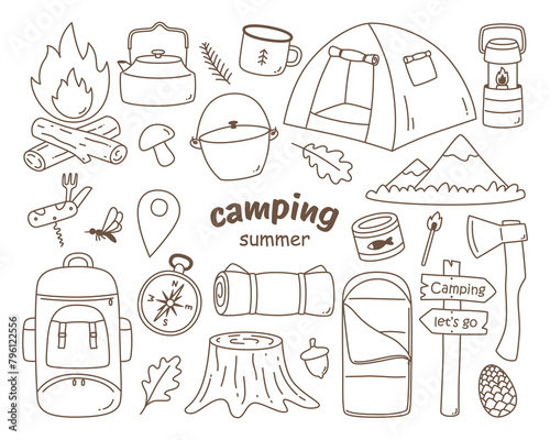 Hand drawn camping and hiking elements, isolated on white background, vector.