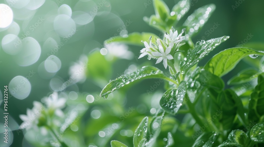 fresh herbs and flowers with drops of essential oils glistening on their leaves, emphasizing natural elements fresh herbs and flowers with drops of essential oils glistening on their leaves, emphasizing natural elements