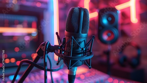 Closeup of microphone and headphones in neon lighting in sound studio. Concept Sound Studio, Neon Lighting, Microphone, Headphones, Closeup Shot