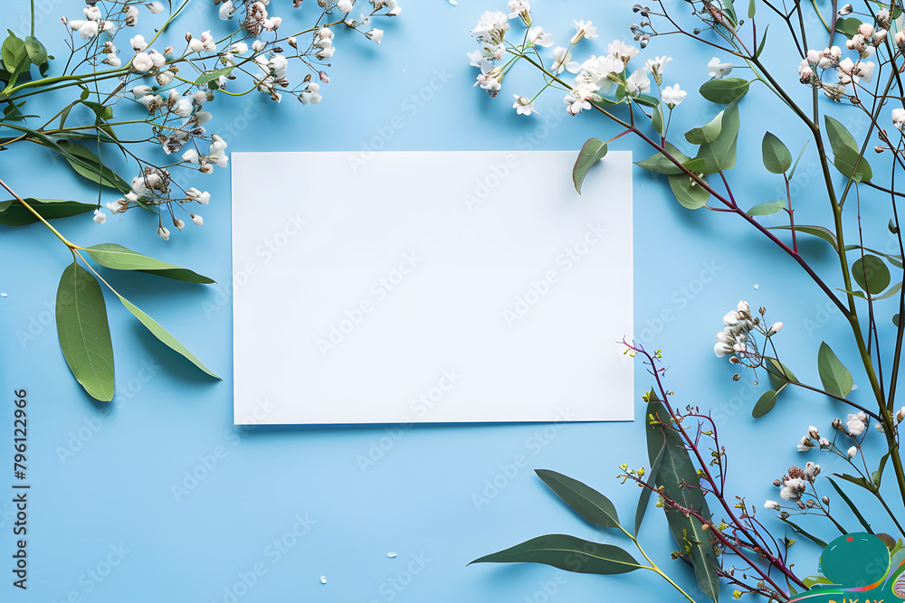 Stylish elegant flat lay blue floristic greeting invitation post card with copy space. Stylish elegant flat lay blue floristic greeting invitation post card with copy space.