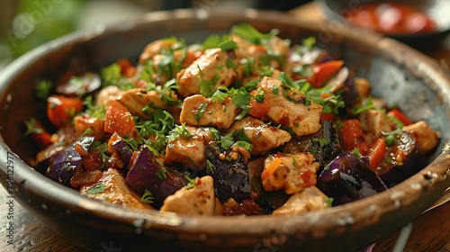 Close up shot of spicy chicken and eggplant salad on a table