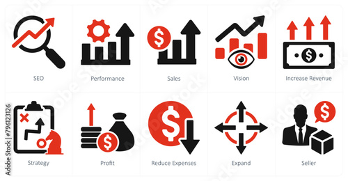 A set of 10 increase sale icons as seo, performance, sales
