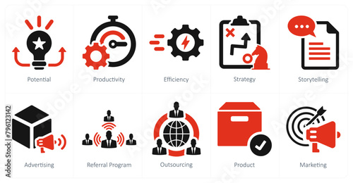 A set of 10 increase sale icons as potential, productivity, efficiency