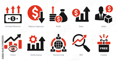 A set of 10 increase sale icons as increase revenue, reduce expenses, profit
