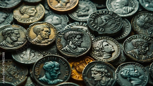 Ancient coins collection displaying historical figures