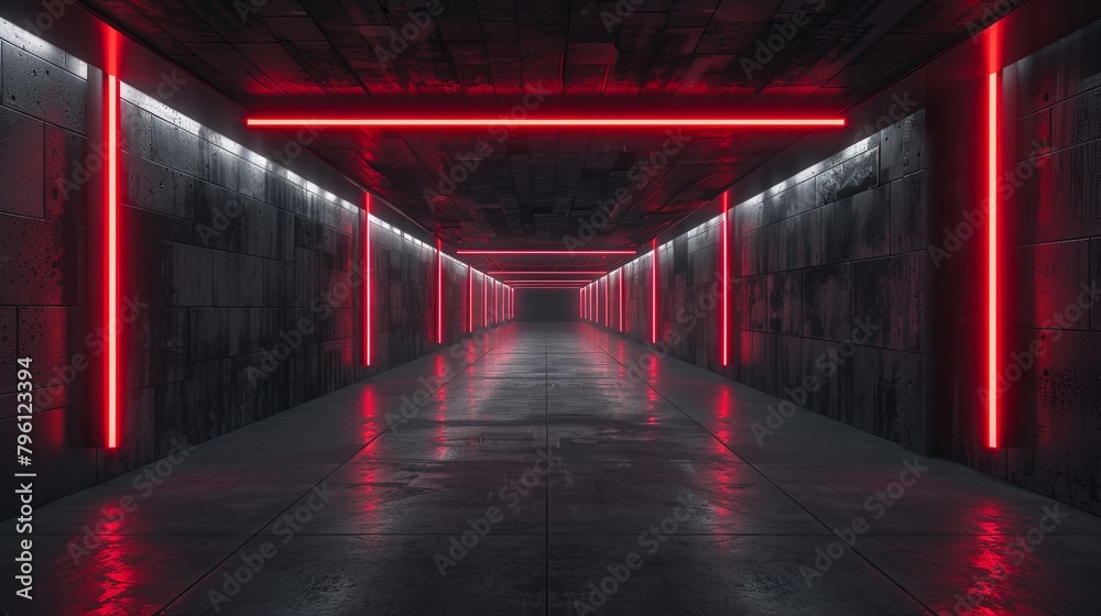 Futuristic corridor with glowing red lights and dark atmosphere