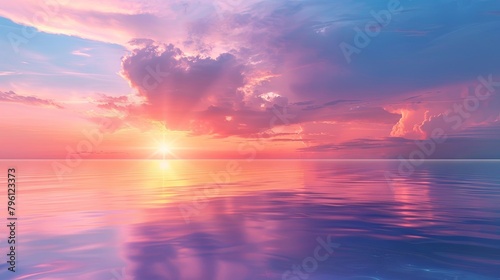 Serene sunset over tranquil ocean with vivid clouds © volga