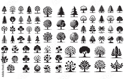 set of collection tree vector icon. silhouette tree  drawing set, Side view, set of graphics trees elements outline symbol. silhouette tree drawing icon set.