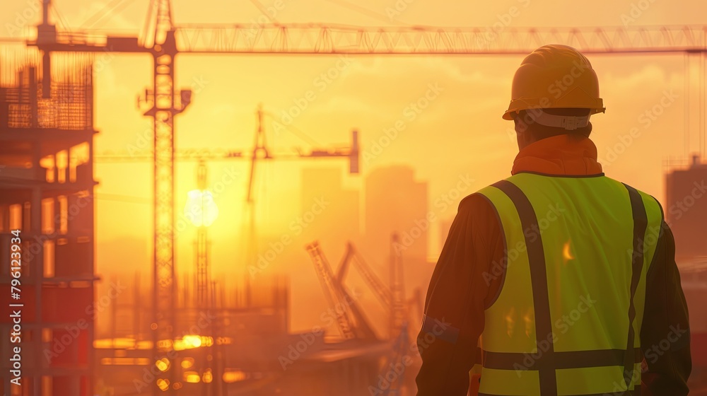 Construction worker at sunset overseeing urban development Construction worker at sunset overseeing urban development