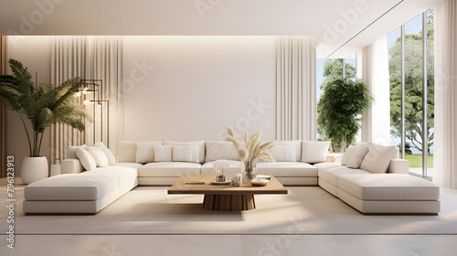 Modern living room with white sofa and coffee table  a living room with a couch  chairs  table and a potted plant in the corner of the room with white walls and wood flooring modern bright interiors