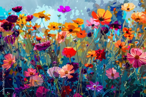 A field of wildflowers in pop art, bursting with vibrant colors, simplified shapes © ktianngoen0128