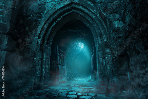 Medieval castle with a secret portal, leading to an ancient passage with glowing enchantment