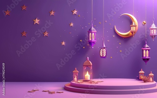 3D Podium studio room with traditional Islamic lanterns, Candles, Crescent Moon and Stars hanging on purple background, Religious Vector Background3D Podium studio room with traditional Islamic lanter photo