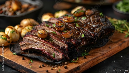 Texas smoked brisket on charcoal board: A traditional American comfort food experience. Concept Texas Smoked Brisket, American Comfort Food, Charcoal Grilling, Meat Lovers, BBQ Experience photo