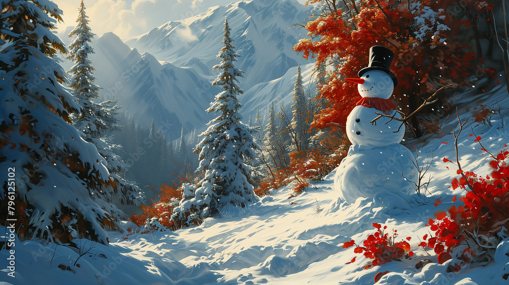 Fototapeta premium Landscape with snowman in the snow. Christmas season