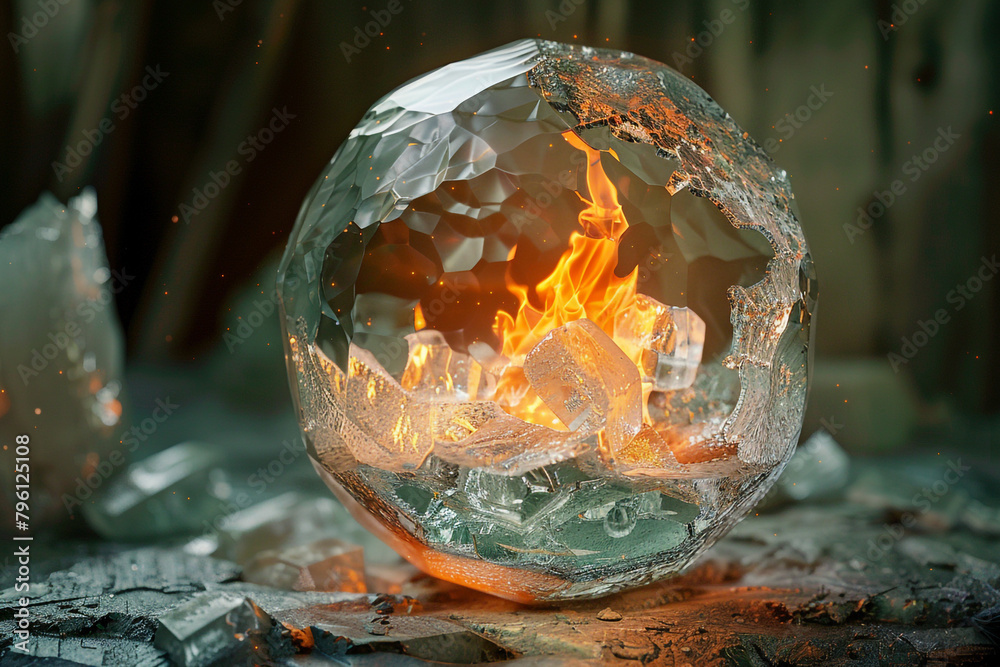 Fototapeta premium melting ice cubeburning flame encased in a crystal sphere surrealist art 3D animation Unique