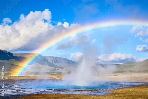 A geyser erupting under a rainbow  steam rising against a backdrop of mountains