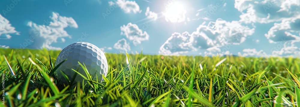 Close-up view of a golf ball in lush grass under sunny sky Close-up view of a golf ball in lush grass under sunny sky