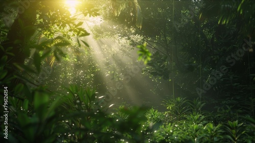 The bright sun beams are piercing through the dense foliage of the jungle, creating a stunning display of light and shadows on the forest floor.