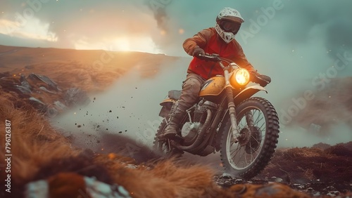 Bold biker conquers dangerous terrain with trusty motorcycle in thrilling action film. Concept Action Film, Motorcycle Stunts, Dangerous Terrain, Thrilling Adventure, Bold Biker photo