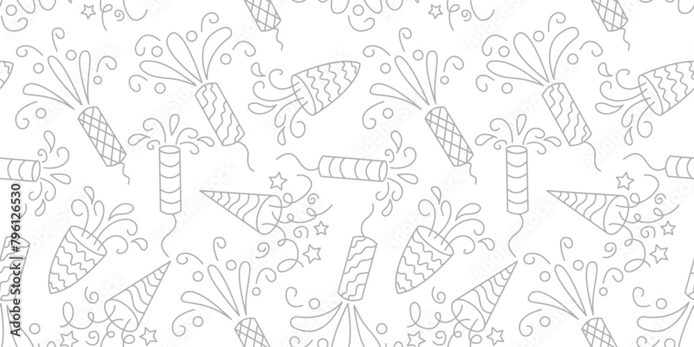 Seamless pattern confetti party popper, festive cotton button on white background.