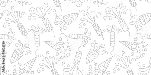 Seamless pattern confetti party popper  festive cotton button on white background.