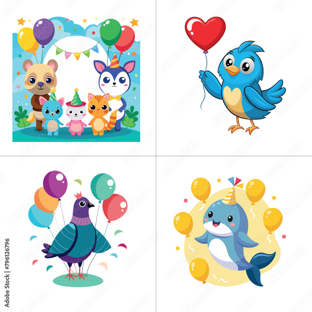 Fototapeta premium Birthday postcard with bird and air balloon.