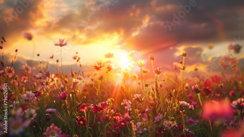 A breathtaking sunrise over a field of wildflowers  infusing the landscape with warmth and light