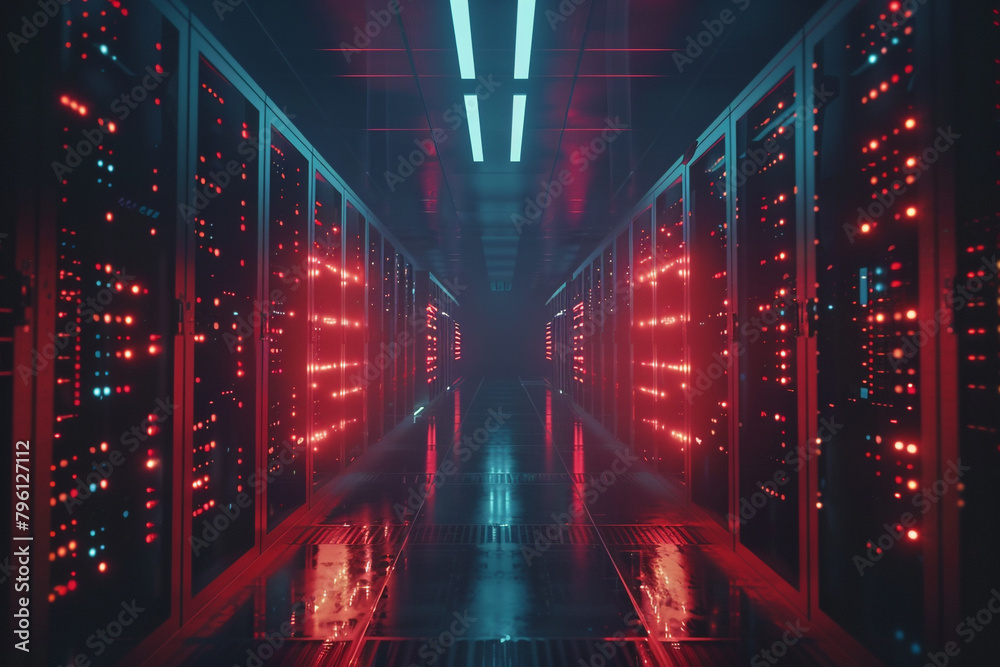 modern data technology center with rows of server racks in a dark room, illuminated by LED lights The scene showcases the power and complexity of data storage
