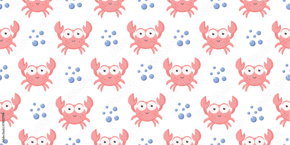 Fototapeta premium Vector seamless pattern with cute crab and bubbles on a white background