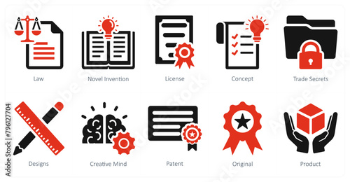 A set of 10 intellectual property icons as law, novel invention, license