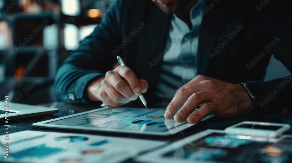 A businessman analyzing a business graph on a digital tablet, studying trends and making strategic decisions for growth and success. A businessman analyzing a business graph on a digital tablet, studying trends and making strategic decisions for growth and success.