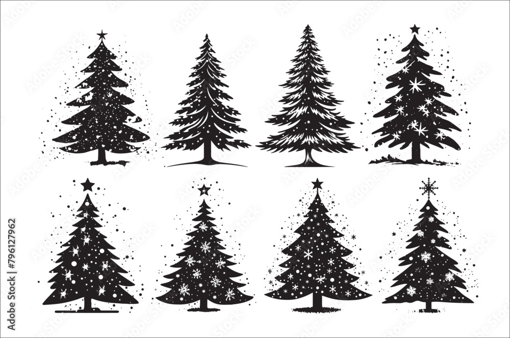 Obraz premium A black and white silhouettes of christmas trees with a decoration.