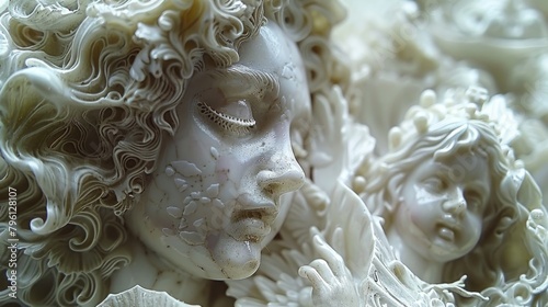 Close up of a classical statue with intricate hair details