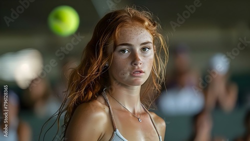 Focused young redheaded tennis player with tense muscles about to slam the ball. Concept Sports, Tennis, Redhead, Young Athlete, Action Shot