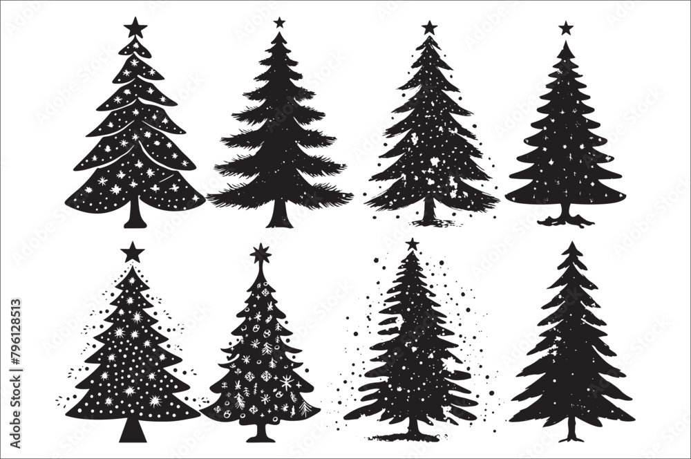 Obraz premium A black and white silhouettes of christmas trees with a decoration.