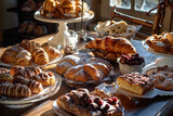 Morning light streaming onto a table set with a variety of gourmet pastries, including chocolate croissants and almond bear claws 