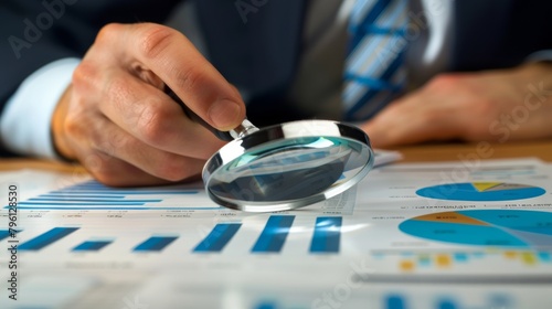 A businessman analyzing a business graph printout with a magnifying glass, focusing on specific data points and trends. photo