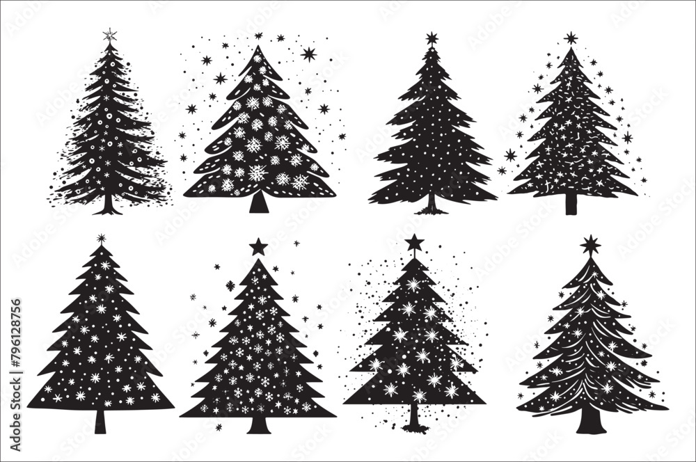 Obraz premium A black and white silhouettes of christmas trees with a decoration.