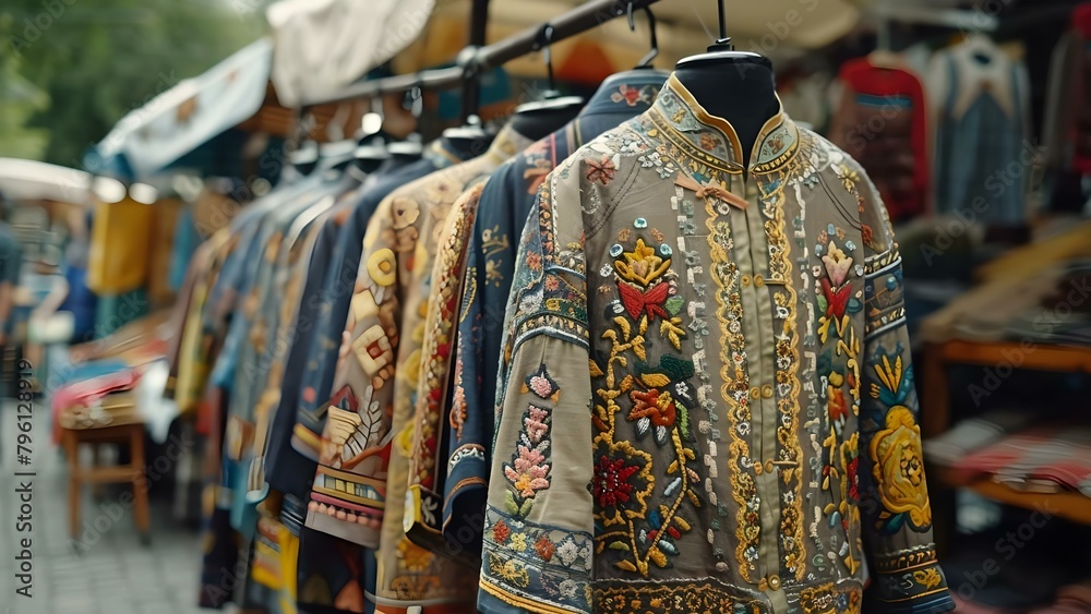 Close-up of embroidered Ukrainian traditional shirts at an outdoor Lviv flea market. Concept Ukrainian culture, Traditional fashion, Lviv flea market, Embroidered shirts, Close-up photography