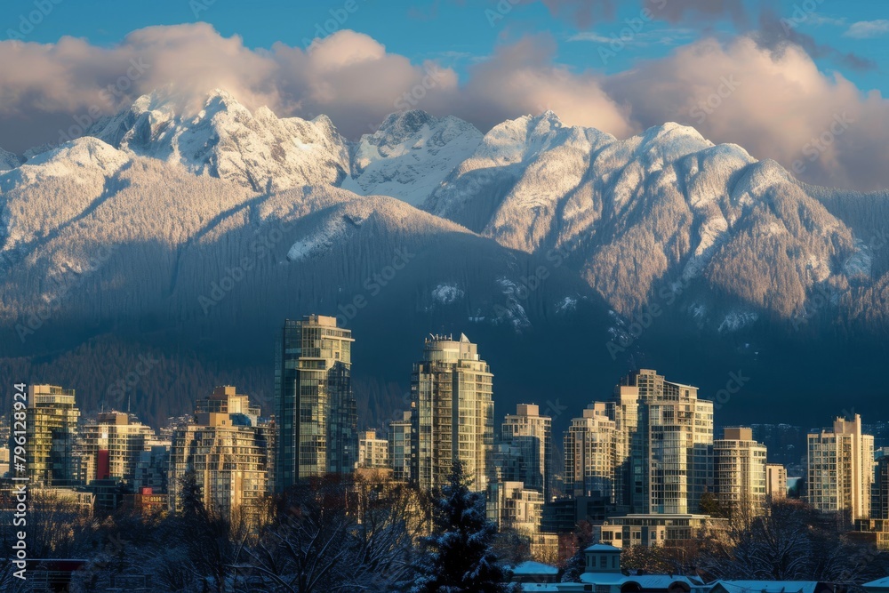 Fototapeta premium Skyline with snow-capped mountains in the background, Ai generated