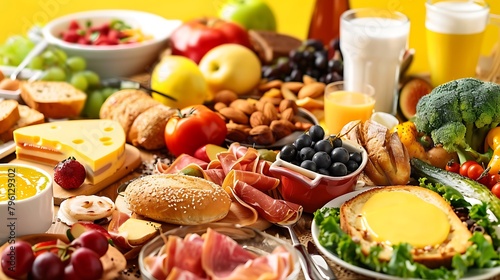 a breakfast table full of food background yellow wall