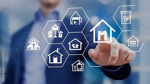 Conceito de Investimento Imobiliário: Homem Toca Ícone de Casa Virtual para Análise de Empréstimo Hipotecário photo