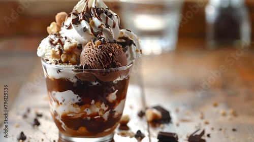 a delicious ice cream sundae prepared with chocolate and vanilla ice cream fresh whipped cream chocolate sauce and a tasty cookie