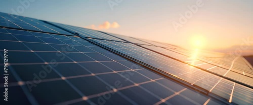 Close-up of solar panel technology on the rooftop of a high-tech factory, focusing on renewable energy integration