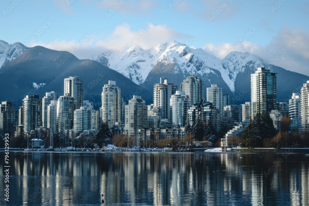 Fototapeta premium Skyline with snow-capped mountains in the background, Ai generated